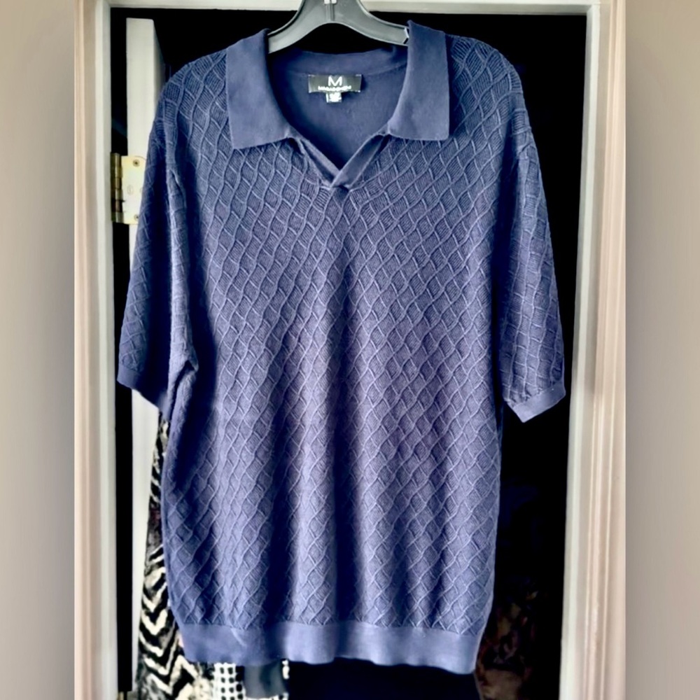 Magaschoni Navy Blue Textured Polo Shirt very soft in khaki color also both nwot